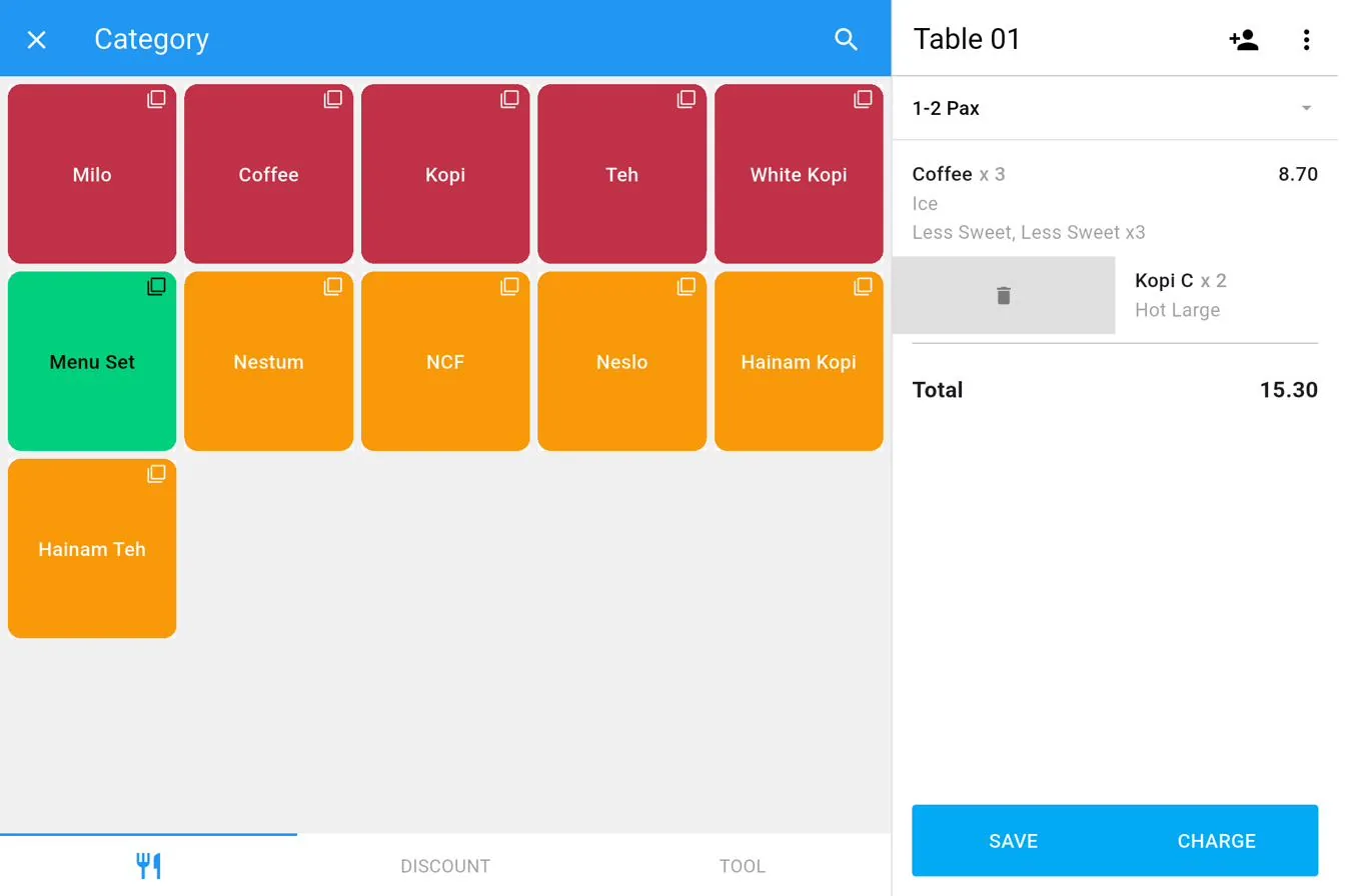 Ezserve POS order screen running on a restaurant tablet