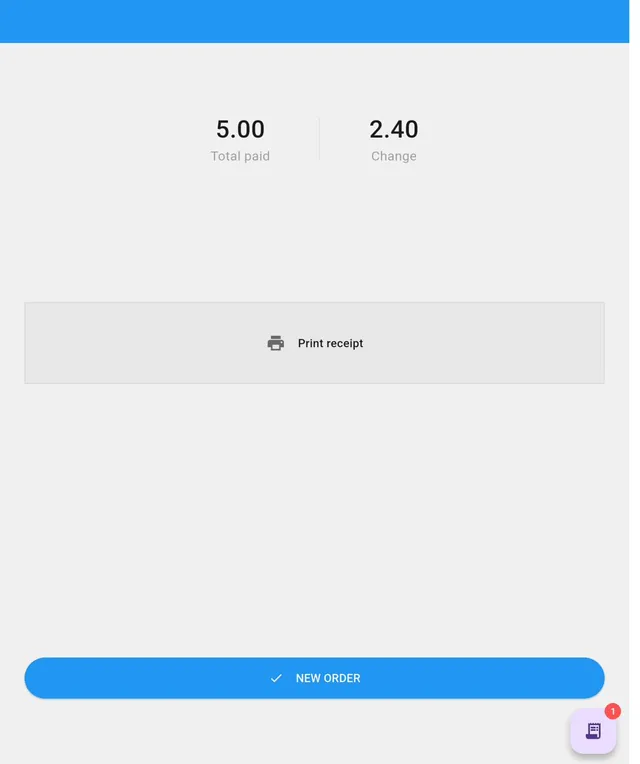 Charge & Payments — Change calculated, receipt prints