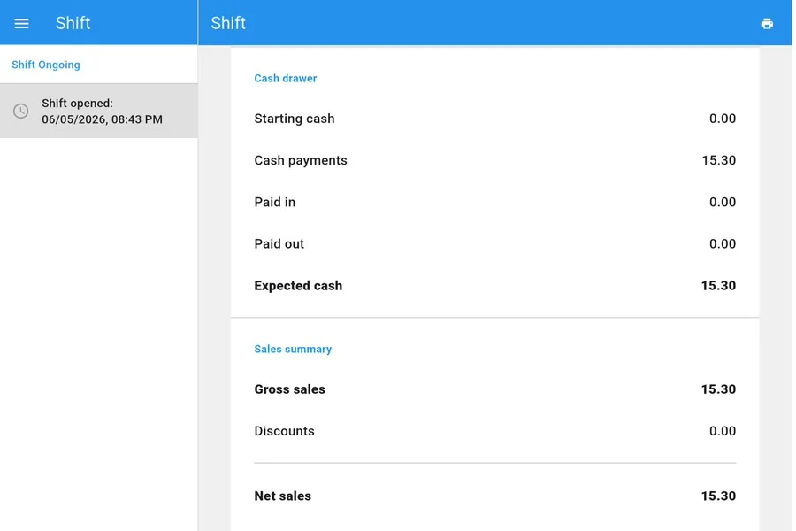 Staff Login & Shifts — Open & close the shift — cash drawer + Z-report